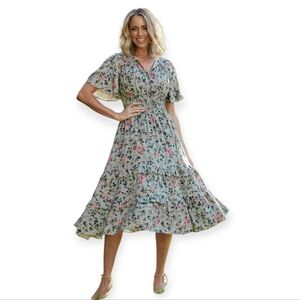Baltic Born Floral Midi Dress - Green and Pink